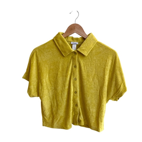 Andie Swim Cropped Button Up Yellow Terry Short Sleeve Collar Women Size S - Picture 1 of 14
